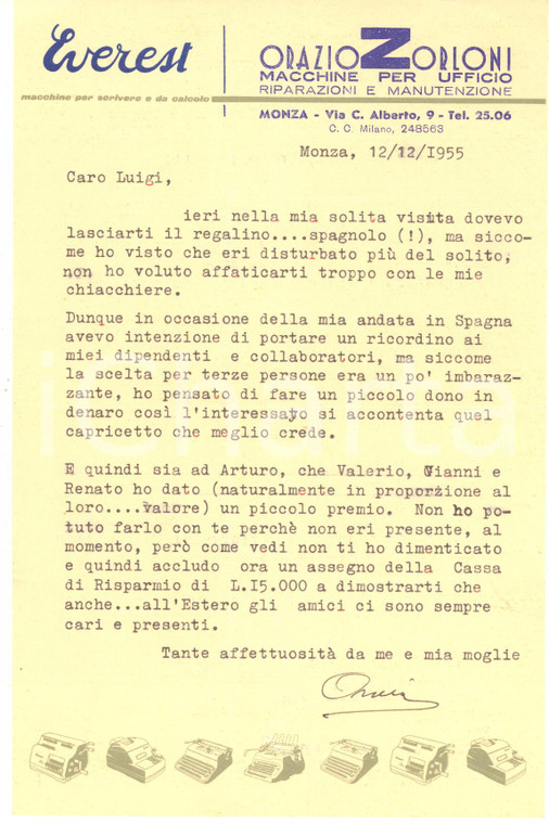 1955 MONZA Macchine per ufficio EVEREST Orazio ZORLONI *Lettera intestata