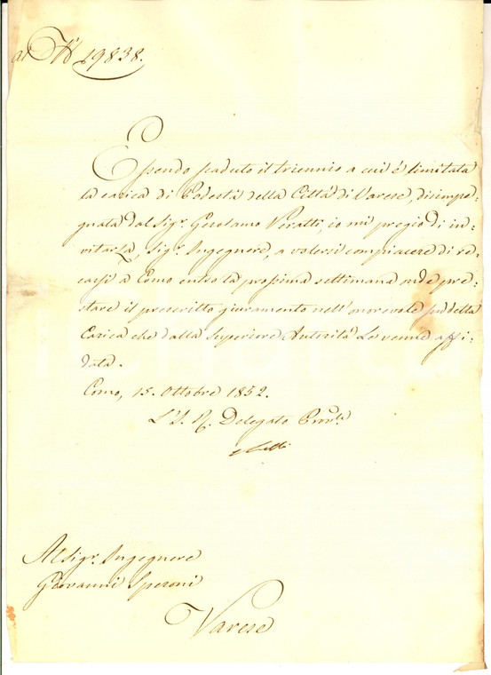 1852 VARESE Lettera al nuovo sindaco Giovanni SPERONI per il giuramento