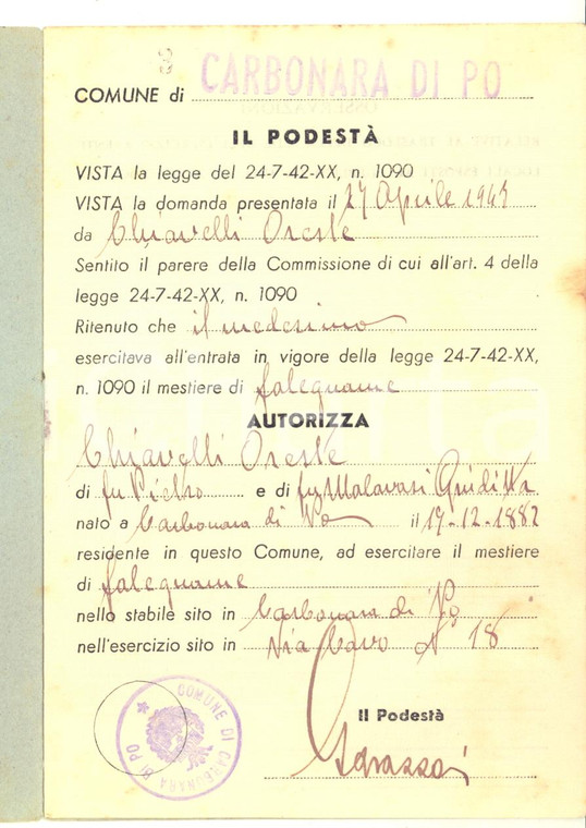 1942 CARBONARA DI PO (MN) Libretto di mestiere artigianale - Oreste CHIAVELLI