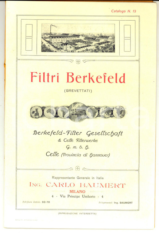 1910 ca MILANO Filtri BERKEFELD *Catalogo n° 13 ILLUSTRATO pp. 32 RARO