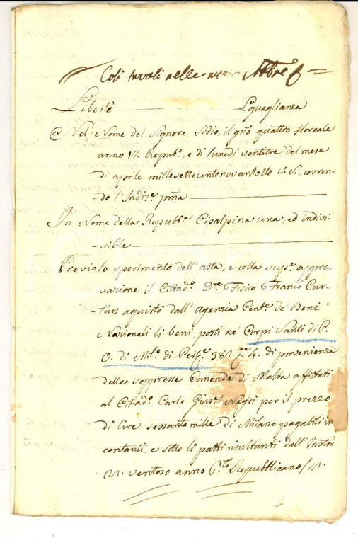 1798 MILANO CORPI SANTI Acquisti Francesco CURZIO beni ex Commenda di Malta