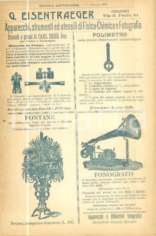 1902 MILANO Apparecchi strumenti di fisica e chimica EISENTRAEGER *Catalogo