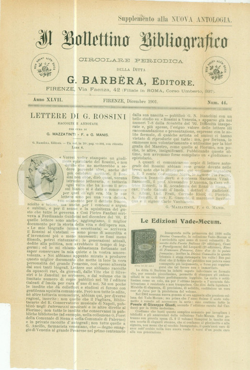 1901 FIRENZE Bollettino Bibliografico periodico Editore BARBERA *DANNEGGIATO