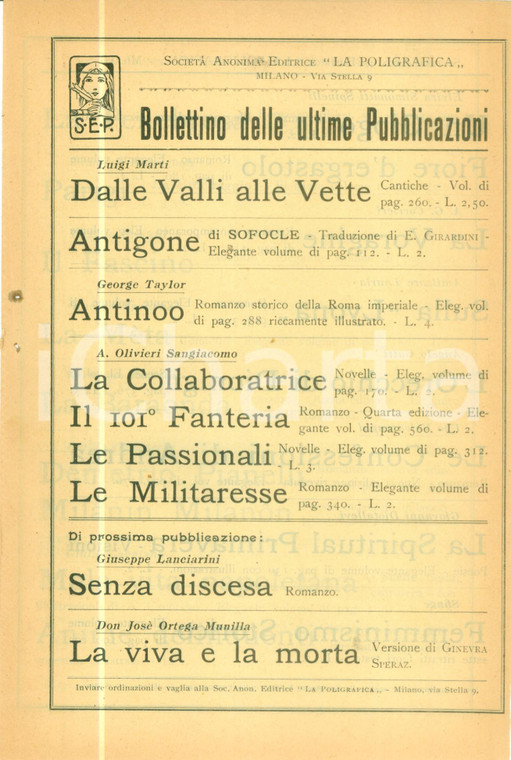 1901 FIRENZE Bollettino pubblicazioni Editrice LA POLIGRAFICA *Catalogo