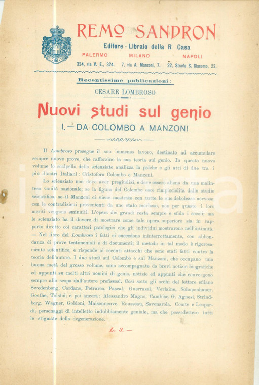 1902 MILANO Remo SANDRON Editore Libraio Recentissime pubblicazioni Bollettino