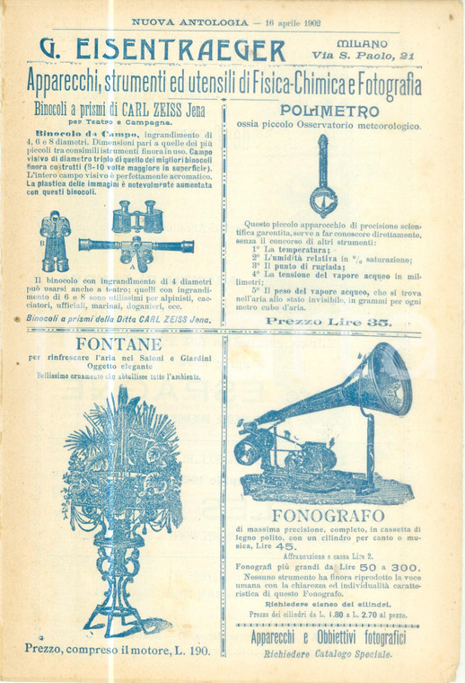 1902 MILANO Ditta EISENTRAEGER Apparecchi strumenti utensili fisica chimica