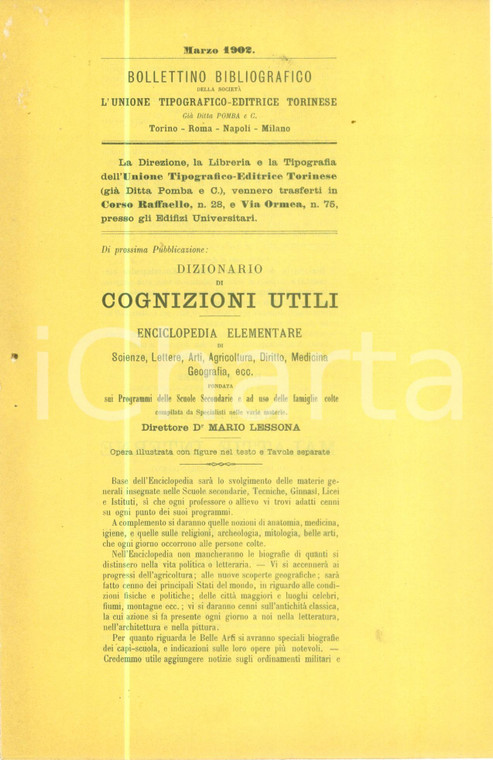 1902 TORINO L'Unione Tipografico-Editrice Torinese Bollettino bibliografico