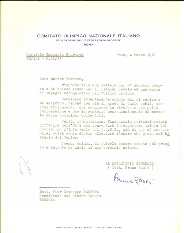 1961 ROMA CONI Lettera Bruno ZAULI pro Centro Tennis Brescia *AUTOGRAFO
