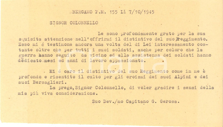 1945 BERGAMO Cap. Giuseppe GEROSA ringrazia per distintivo Reggimento LEGNANO