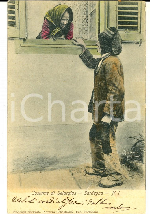 1905 ca SELARGIUS (CA) COSTUMI SARDI Anziani alla finestr *Cartolina RARA FP VG