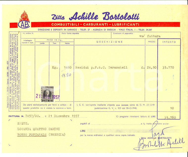 1957 BRESCIA Ditta Achille BORTOLOTTI - Fattura intestata con autografo