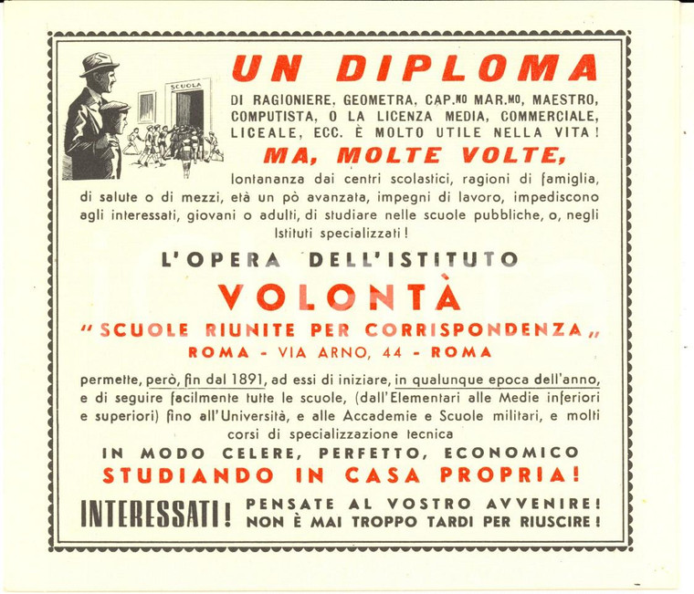 1932 ROMA Istituto VOLONTA' Scuole per corrispondenza *Dépliant pubblicitario
