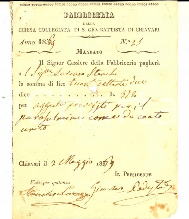 1869 CHIAVARI Fabbriceria chiesa San Giovanni Battista - Pagamento parafulmine