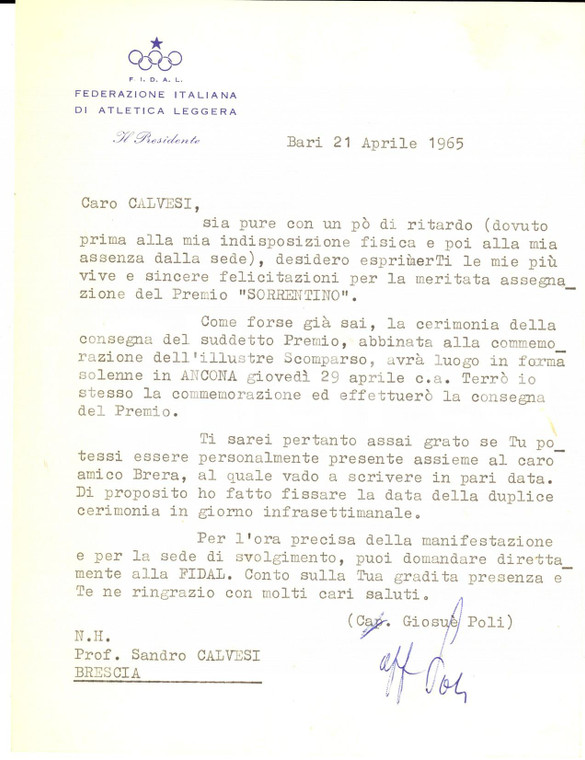 1965 BARI FIDAL ATLETICA Lettera Giosuè POLI su premio SORRENTINO *Autografo