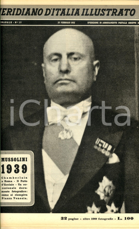 1952 MERIDIANO D'ITALIA ILLUSTRATO Inserto Mussolini 1939  *Anno II n° 17