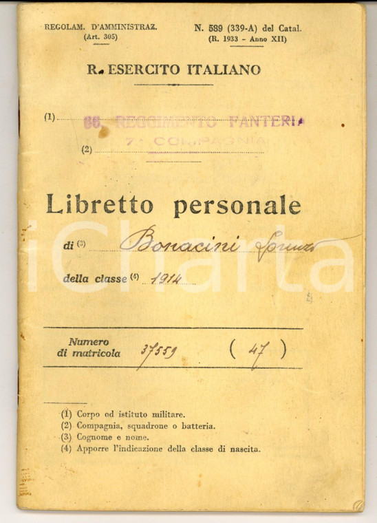 1933 MODENA 66°Reggimeno FANTERIA Libretto personale sarto Lorenzo BONACINI