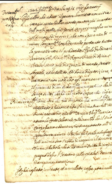 1742 RIVA SAN VITALE Testamento di Carlo Ferdinando a favore della moglie