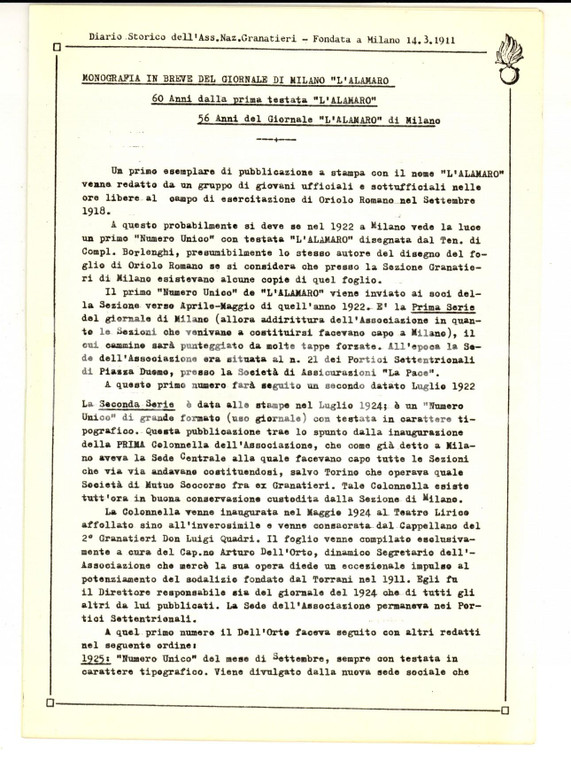 1978 MILANO Storia del giornale L'ALAMARO *Pubblicazione BERGOMI 4 pp.