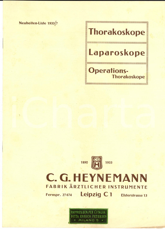 1933 MILANO Enrico PETERSEN Toracoscopi - Laparoscopi HEYNEMANN *Pubblicitario