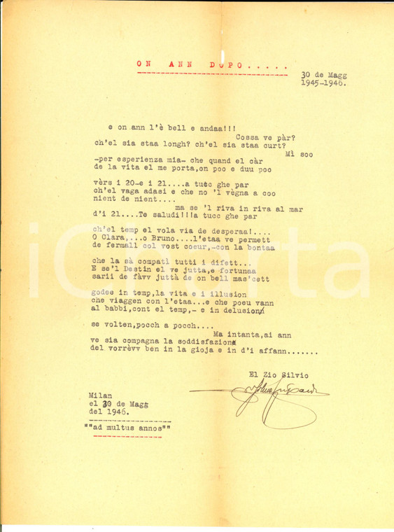 1946 MILANO El Zio Silvio ON ANN DOPO... Poesia in dialetto milanese *CURIOSA