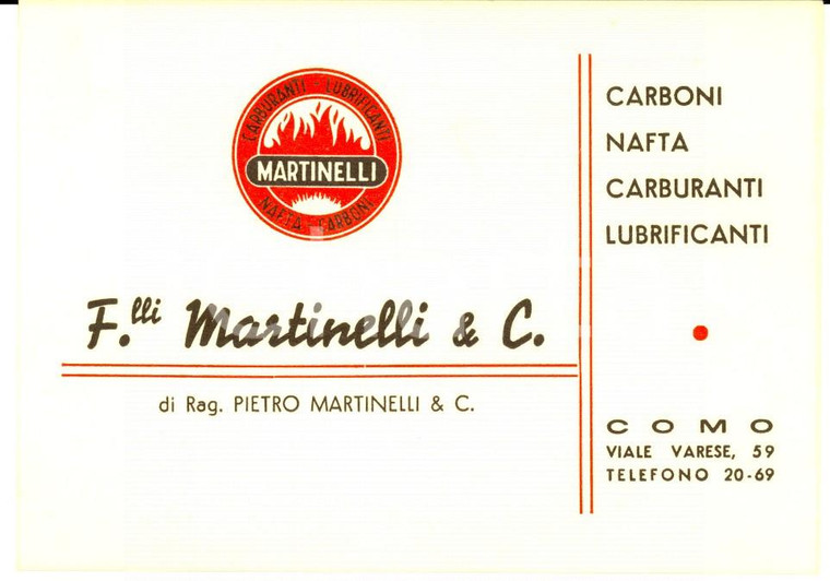 1950 COMO F.LLI MARTINELLI Carburanti - lubrificanti *Cartoncino PUBBLICITARIO