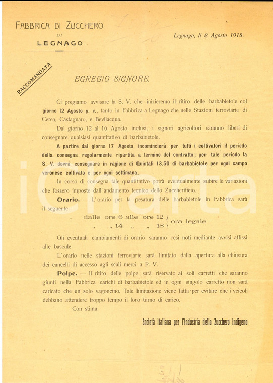 1918 LEGNAGO (VR) Fabbrica di Zucchero - Lettera per ritiro delle barbabietole