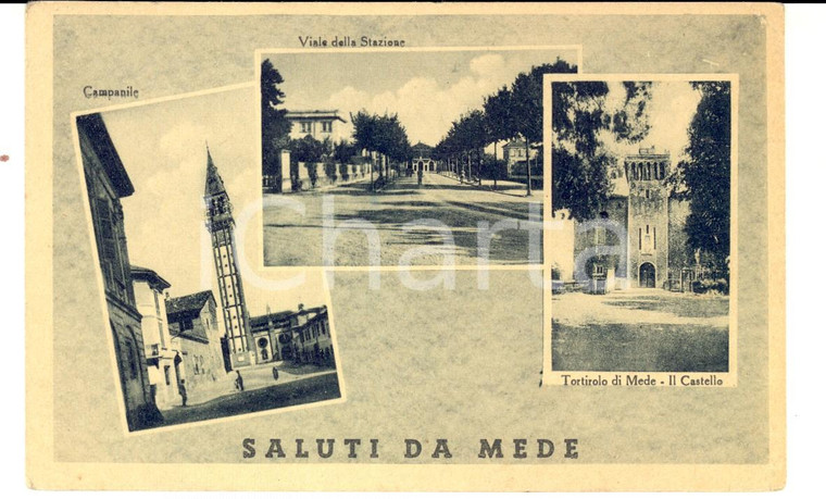 1953 MEDE (PV) Vedutine con castello, stazione e campanile *Cartolina postale
