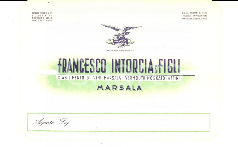 1950 ca MARSALA Stabilimento vini Francesco INTORCIA *Cartolina pubblicitaria