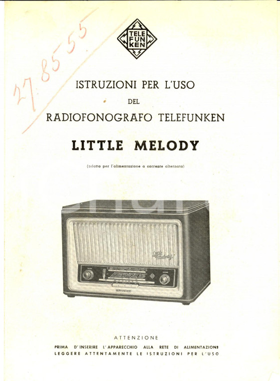 1958 MILANO Radiofonografo TELEFUNKEN LITTLE MELODY *Volantino ILLUSTRATO