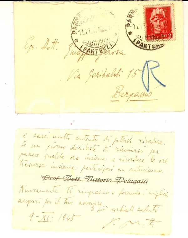 1945 PARMA Prof. Vittorio PELAGATTI  - Biglietto da visita AUTOGRAFO