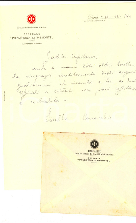 1944 NAPOLI Ospedale PRINCIPESSA DI PIEMONTE Lettera sorella CERRACCHIO