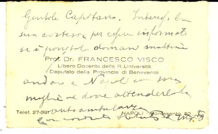 1944 NAPOLI Biglietto da visita on. prof. Francesco VISCO  *AUTOGRAFO