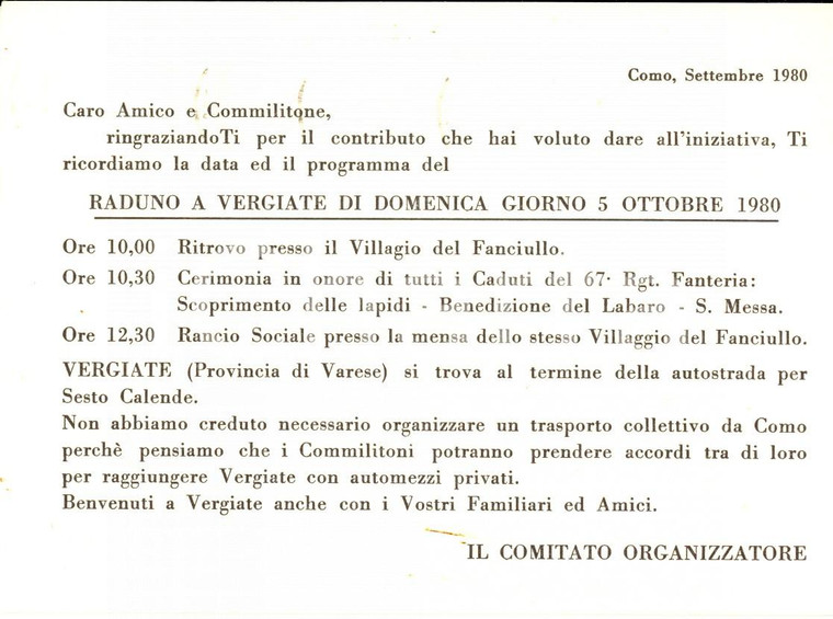 1980 ANCR VERGIATE Raduno in ricordo dei Caduti del 67° Fanteria *Invito