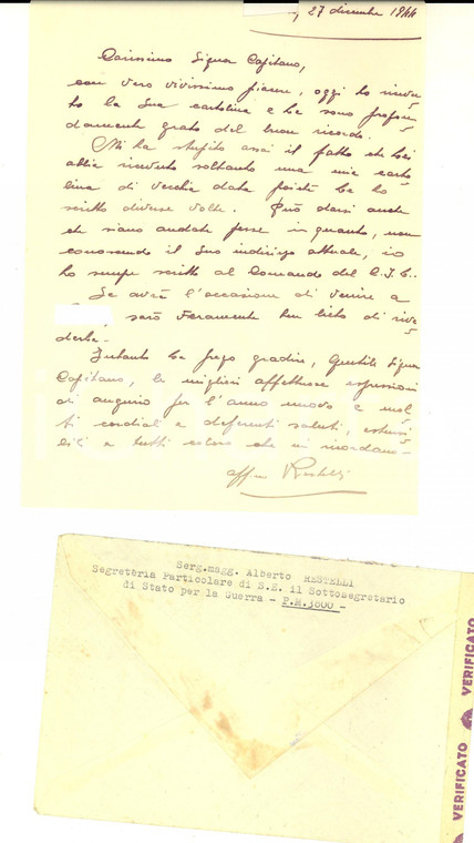 1944 WW2 PM 3800 Lettera serg. Alberto RESTELLI per incontro con tagli CENSURA