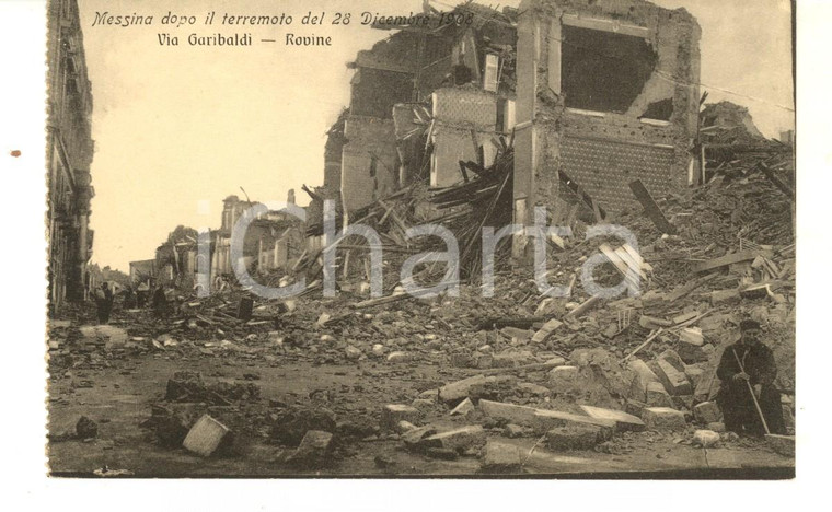 1908 MESSINA TERREMOTO Rovine di via Garibaldi *Cartolina postale ANIMATA FP