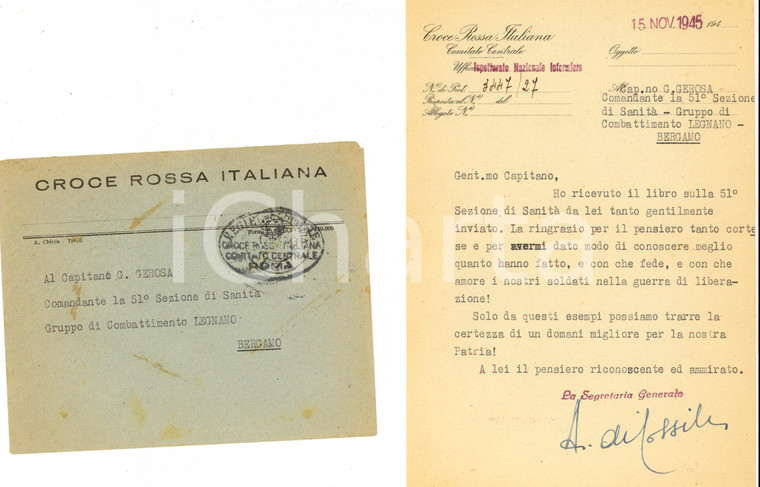 1945 CROCE ROSSA ITALIANA Ringraziamenti segretaria generale DI COSSILA Lettera