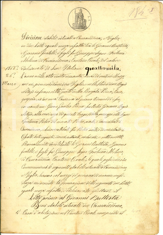 1866 CAMANDONA (BI) Divisione stabili tra Giacomo e Giovanni Battista SOGNO