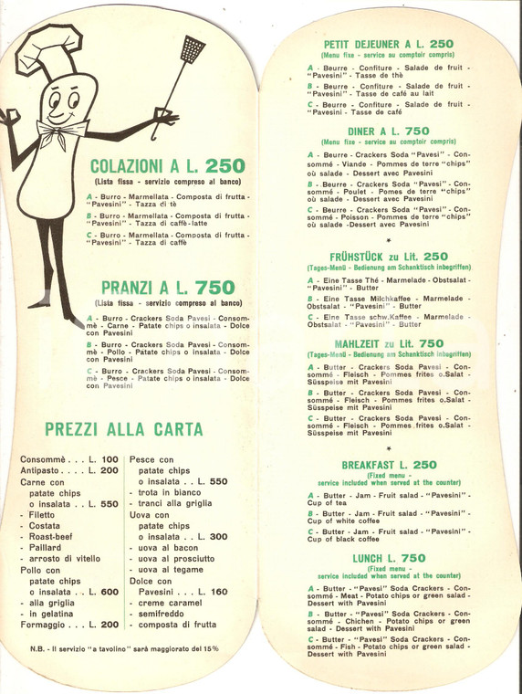 1975 ca AUTOGRILL PAVESI Menù illustrato *10x28 cm