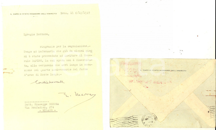 1947 ROMA Capo di Stato Maggiore - Lettera gen. Efisio MARRAS Autografo