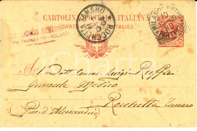 1908 MILANO Cartolina postale avv. Enrico BERTOLOTTI a Luigi RUFFA *DANNEGGIATA