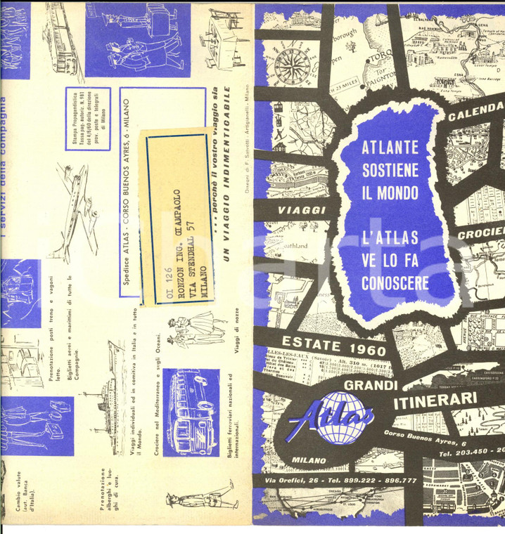 1960 MILANO TURISMO Agenzia viaggi ATLAS pieghevole ILLUSTRATO Itinerari estate