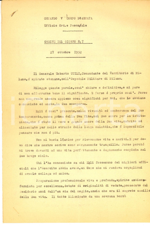 1952 Comando V Corpo d'Armata - OdG 7 - Morte del generale Umberto UTILI 4 pp.