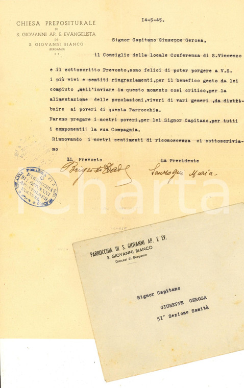 1945 SAN GIOVANNI BIANCO Ringraziamenti per aiuti ai poveri *Maria SONZOGNI