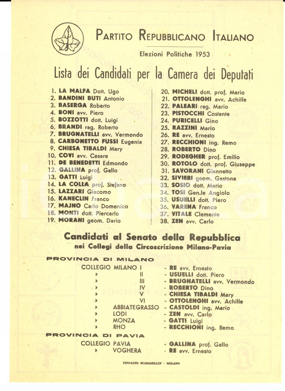 ELEZIONI 1953 PARTITO REPUBBLICANO Candidati alla Camera dei Deputati *Volantino
