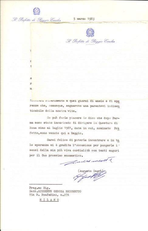 1983 REGGIO EMILIA Lettera prefetto Augusto ISGRO' nominato a Roma *Autografo