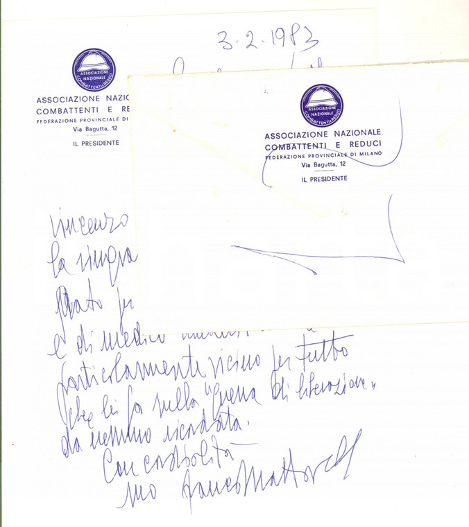 1983 MILANO ANCR Lettera del presidente Franco MATTAVELLI *Autografo