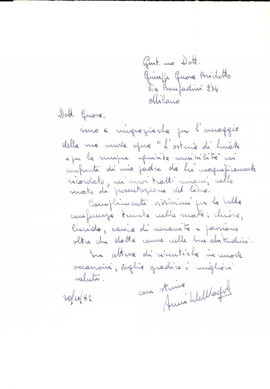 1982 PESCHIERA BORROMEO Lettera di ringraziamento sindaco Annibale MAZZOLA