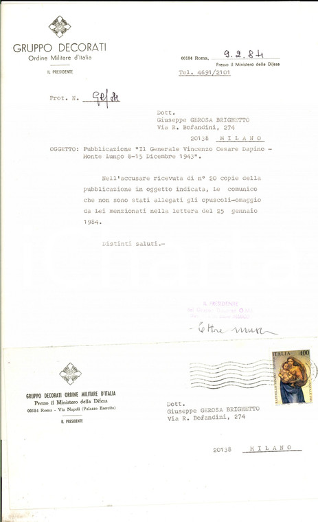 1984 ROMA Decorati ORDINE MILITARE D'ITALIA Lettera gen. Ettore MUSCO *Autografo