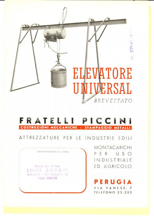 1960 ca PERUGIA Ditta F.LLI PICCINI Catalogo elevatore UNIVERSAL *Illustrato