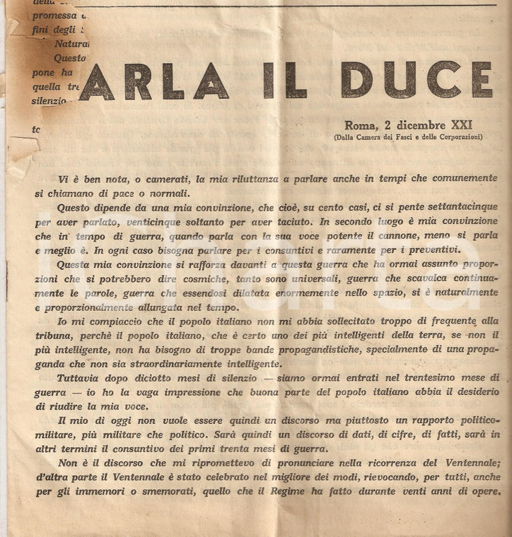 1942 FOGLIO D'ORDINI PNF Discorso Duce nel ventennale del fascismo *DANNEGGIATO